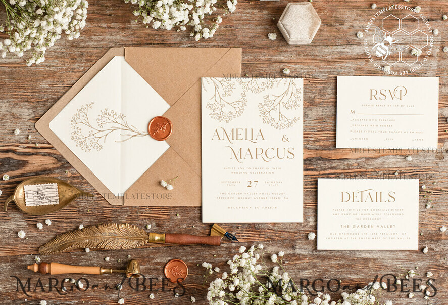 TEMPLETT wedding invitation download Rustic gypsophila wedding Invitations suiteTemplate, Instant Download Printable Invites Home Printing, Boho Baby Breath Wedding Cards Set 