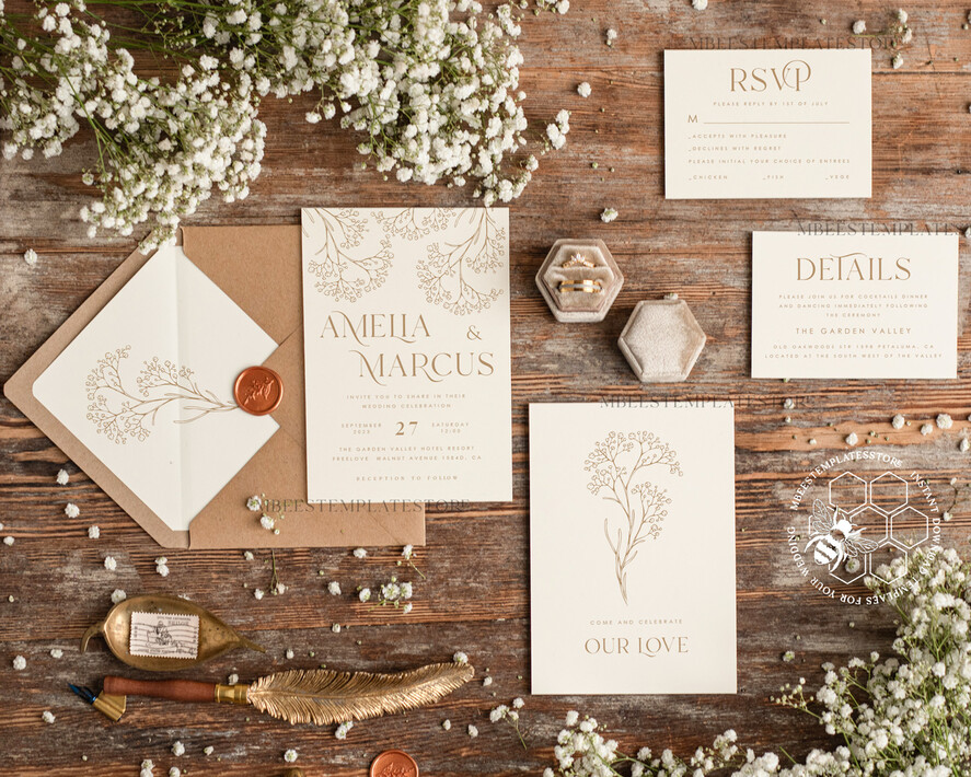 TEMPLETT wedding invitation download Rustic gypsophila wedding Invitations suiteTemplate, Instant Download Printable Invites Home Printing, Boho Baby Breath Wedding Cards Set 