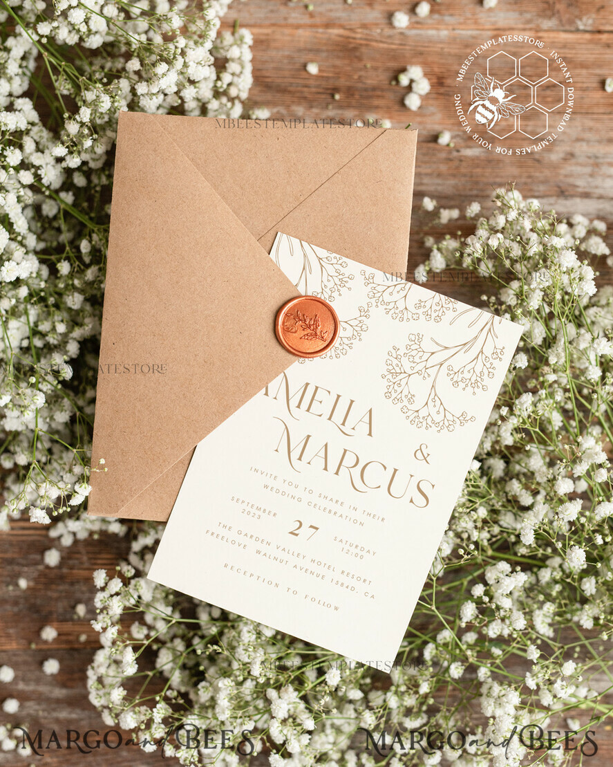 TEMPLETT wedding invitation download Rustic gypsophila wedding Invitations suiteTemplate, Instant Download Printable Invites Home Printing, Boho Baby Breath Wedding Cards Set 