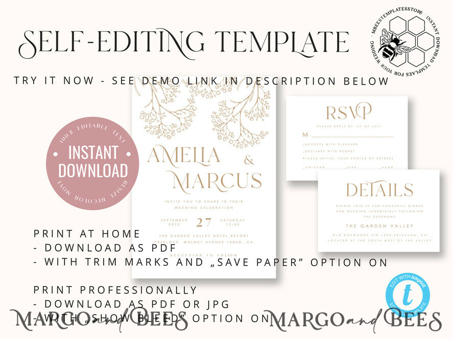 TEMPLETT wedding invitation download Rustic gypsophila wedding Invitations suiteTemplate, Instant Download Printable Invites Home Printing, Boho Baby Breath Wedding Cards Set 