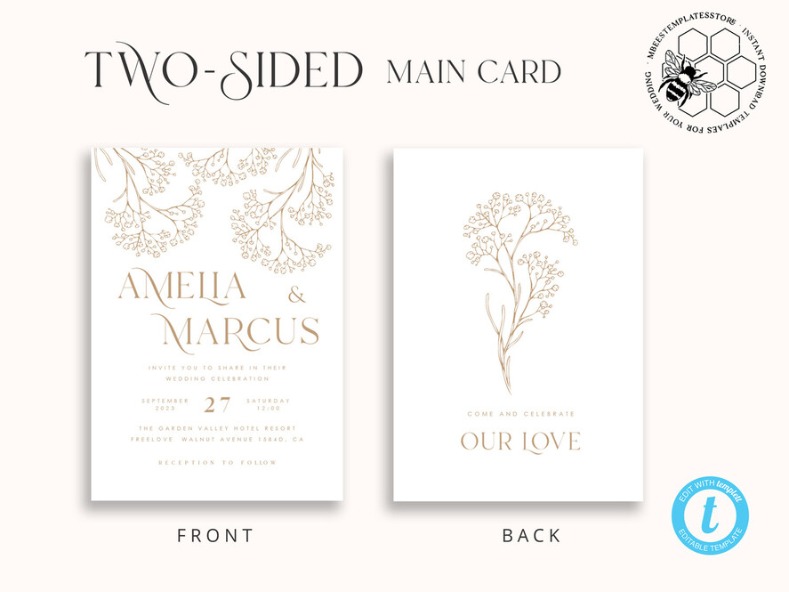TEMPLETT wedding invitation download Rustic gypsophila wedding Invitations suiteTemplate, Instant Download Printable Invites Home Printing, Boho Baby Breath Wedding Cards Set 