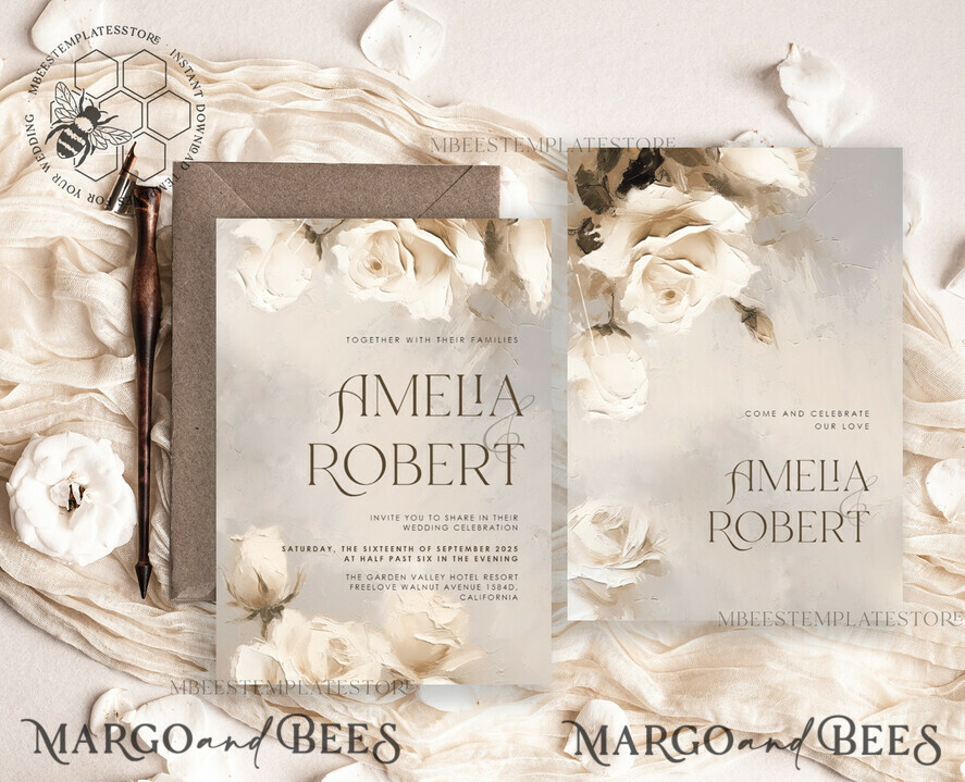 TEMPLETT  
 Hochzeits Einladung Download Elegante Vintage Blumen Malerei Öl Hochzeitskarten Set Vorlage, Sofortiger Download Druckbare Einladungen Heimdruck, Einfache Hochzeitskarten