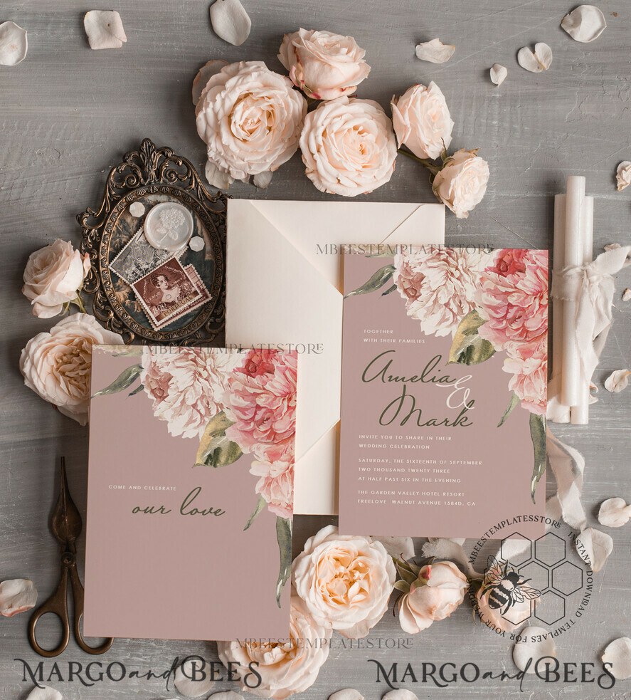 TEMPLETT wedding invitation download Elegant wedding invitation template, Instant download Invite, Printable Invites For Home Printing, pink boho wedding invitations