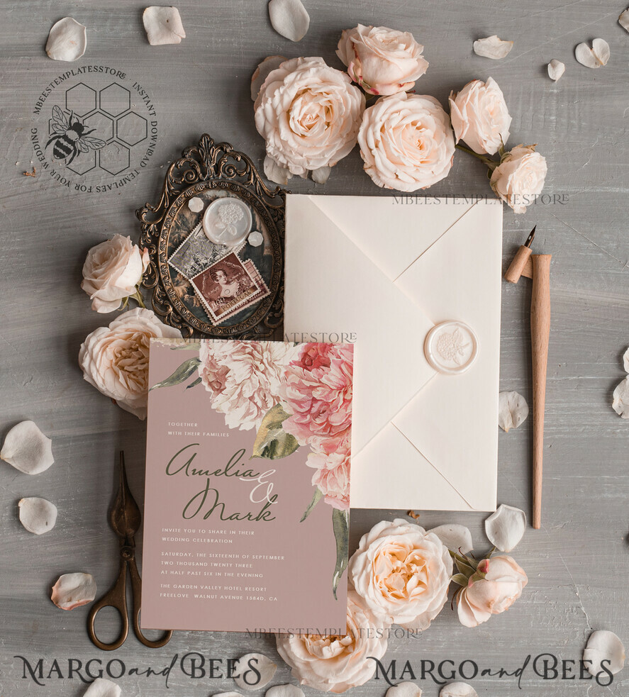 TEMPLETT wedding invitation download Elegant wedding invitation template, Instant download Invite, Printable Invites For Home Printing, pink boho wedding invitations
