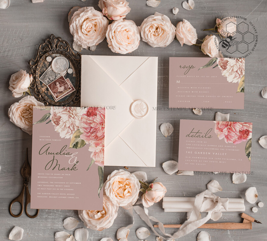TEMPLETT wedding invitation download Elegant wedding invitation template, Instant download Invite, Printable Invites For Home Printing, pink boho wedding invitations