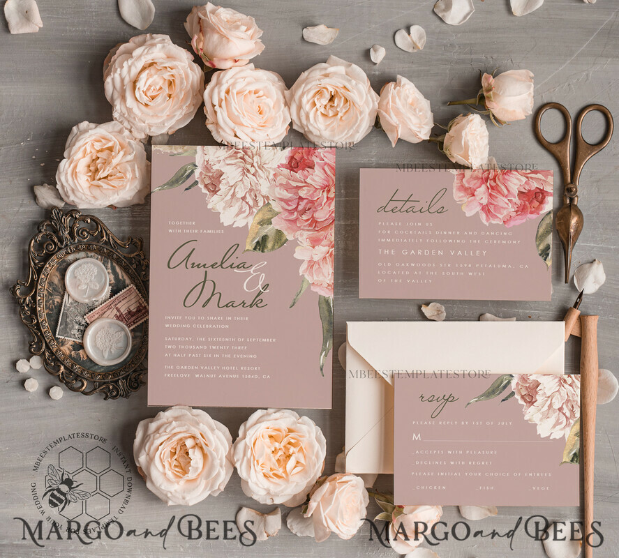 TEMPLETT wedding invitation download Elegant wedding invitation template, Instant download Invite, Printable Invites For Home Printing, pink boho wedding invitations