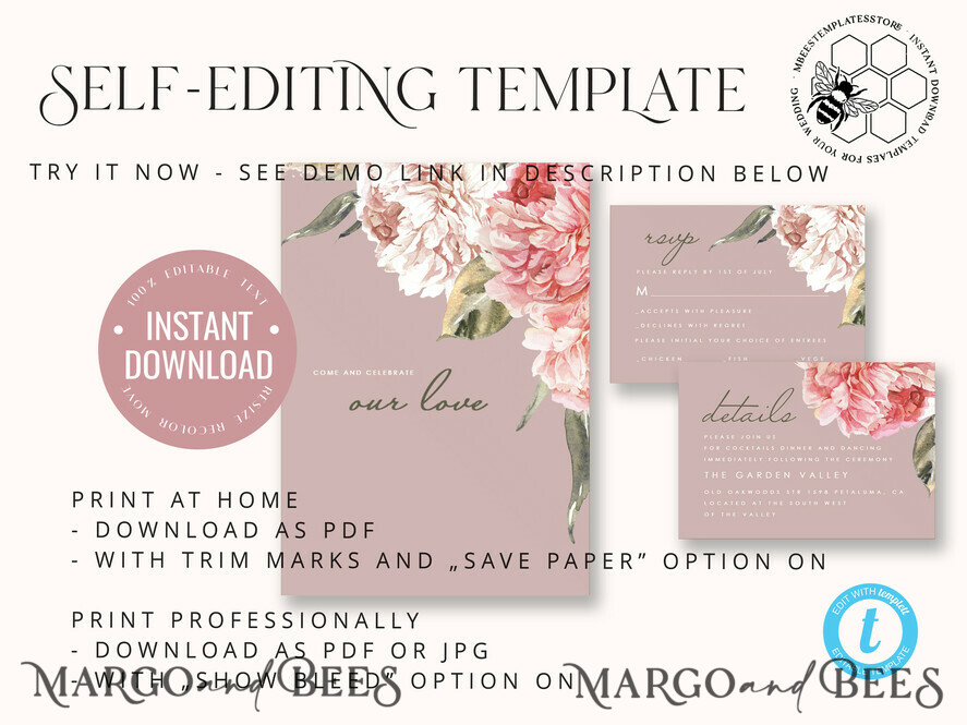 TEMPLETT wedding invitation download Elegant wedding invitation template, Instant download Invite, Printable Invites For Home Printing, pink boho wedding invitations