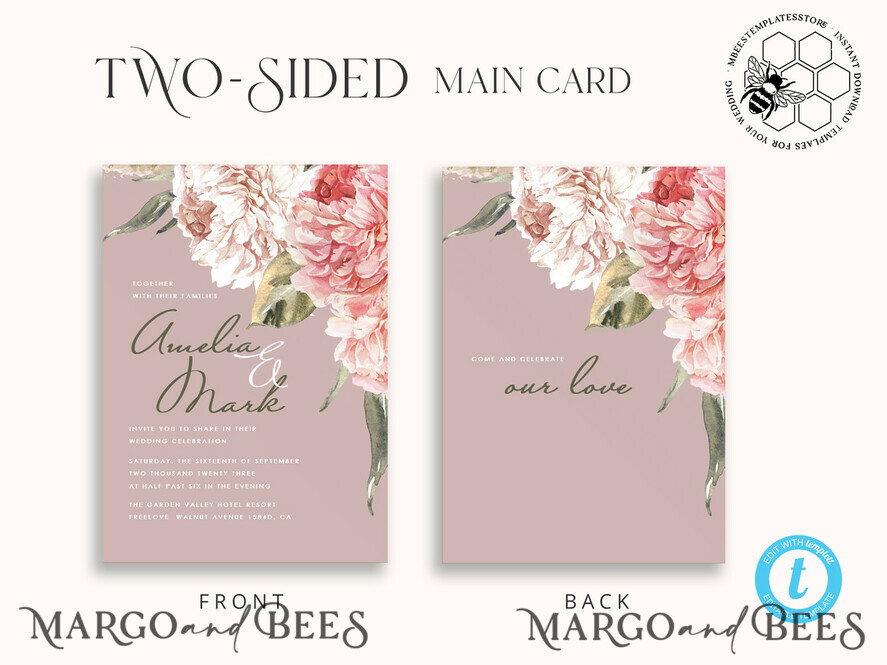 TEMPLETT wedding invitation download Elegant wedding invitation template, Instant download Invite, Printable Invites For Home Printing, pink boho wedding invitations