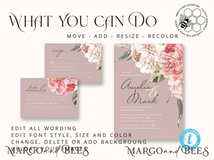 TEMPLETT wedding invitation download Elegant wedding invitation template, Instant download Invite, Printable Invites For Home Printing, pink boho wedding invitations