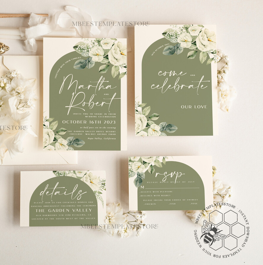 TEMPLETT wedding invitation download Boho Sage Green wedding Invitations Set Template, Instant Download Printable Invites Home Printing, Simple  Wedding Invitation Card, WBoho13