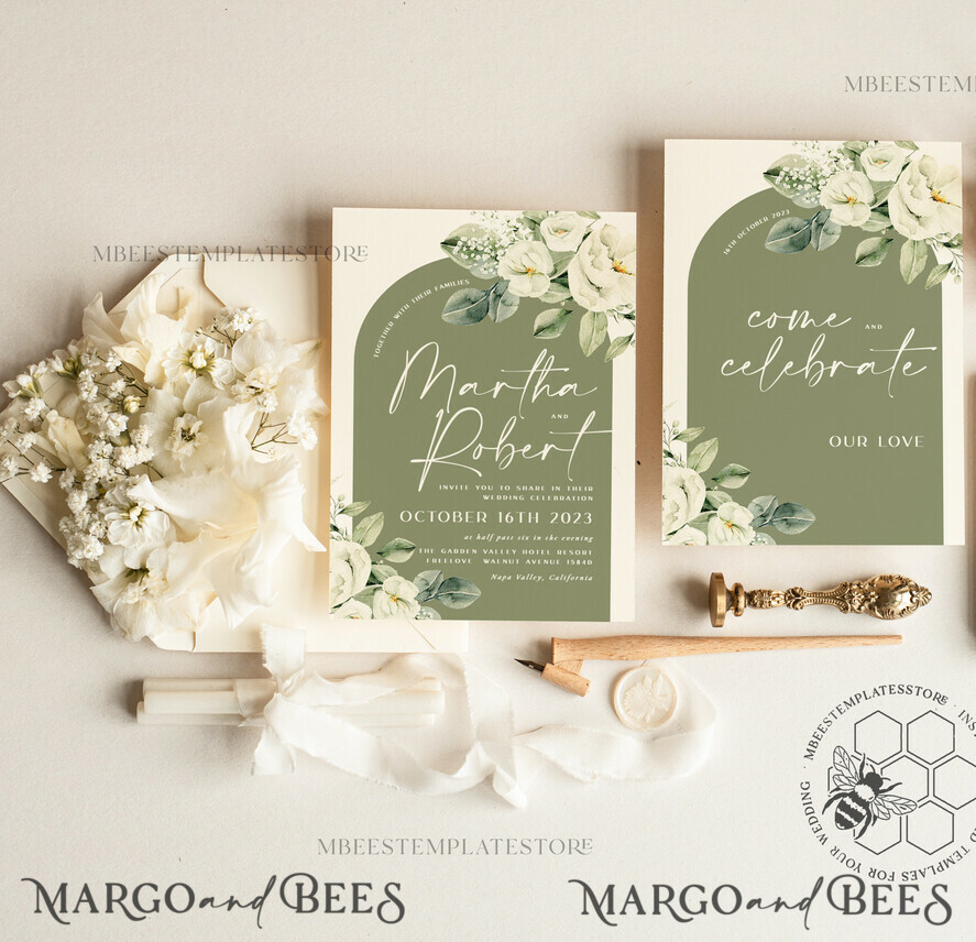 TEMPLETT wedding invitation download Boho Sage Green wedding Invitations Set Template, Instant Download Printable Invites Home Printing, Simple  Wedding Invitation Card, WBoho13