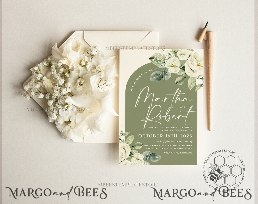 TEMPLETT wedding invitation download Boho Sage Green wedding Invitations Set Template, Instant Download Printable Invites Home Printing, Simple  Wedding Invitation Card, WBoho13