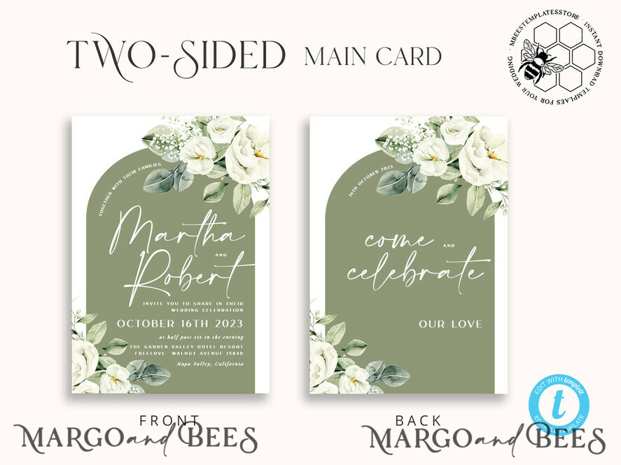 TEMPLETT wedding invitation download Boho Sage Green wedding Invitations Set Template, Instant Download Printable Invites Home Printing, Simple  Wedding Invitation Card, WBoho13