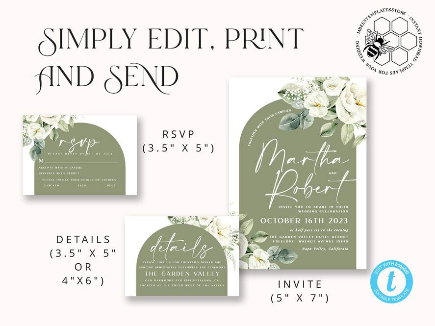 TEMPLETT wedding invitation download Boho Sage Green wedding Invitations Set Template, Instant Download Printable Invites Home Printing, Simple  Wedding Invitation Card, WBoho13