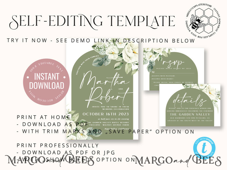 TEMPLETT wedding invitation download Boho Sage Green wedding Invitations Set Template, Instant Download Printable Invites Home Printing, Simple  Wedding Invitation Card, WBoho13