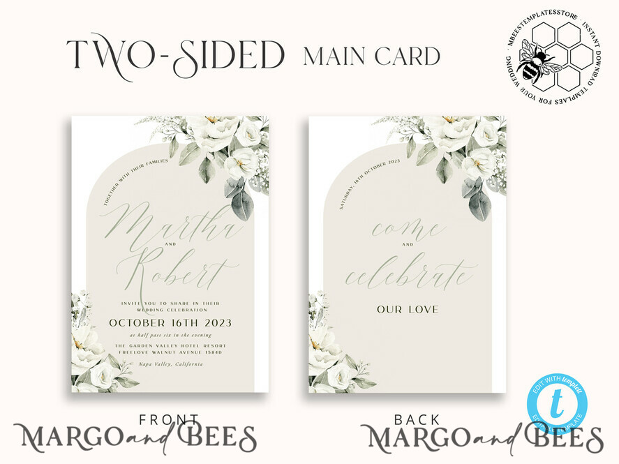 TEMPLETT wedding invitation download Boho Sage Green wedding Invitations Set Template, Instant Download Printable Invites Home Printing, Simple  Wedding Invitation Card, WBoho14