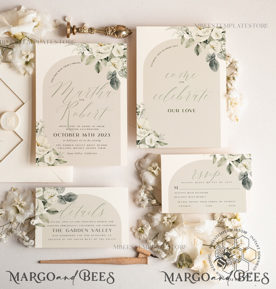 TEMPLETT wedding invitation download Boho Sage Green wedding Invitations Set Template, Instant Download Printable Invites Home Printing, Simple  Wedding Invitation Card, WBoho14