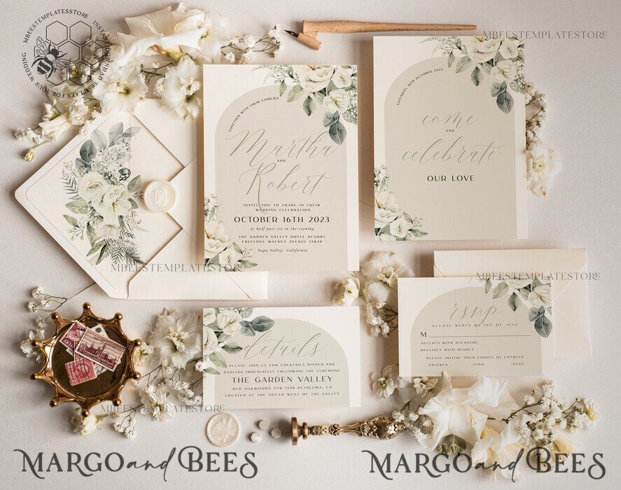 TEMPLETT wedding invitation download Boho Sage Green wedding Invitations Set Template, Instant Download Printable Invites Home Printing, Simple  Wedding Invitation Card, WBoho14