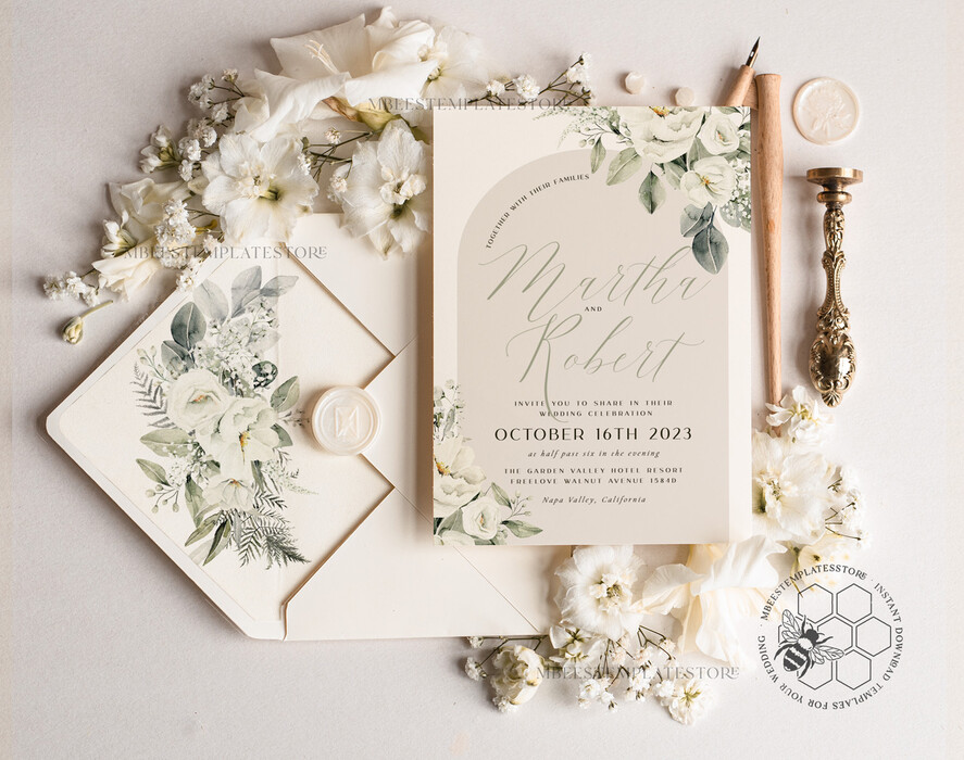 TEMPLETT wedding invitation download Boho Sage Green wedding Invitations Set Template, Instant Download Printable Invites Home Printing, Simple  Wedding Invitation Card, WBoho14