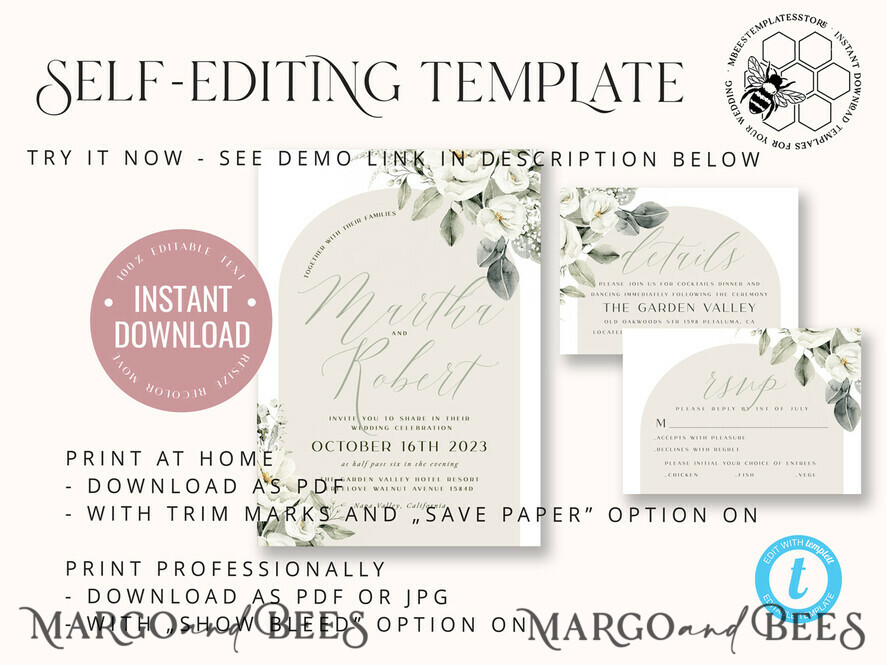 TEMPLETT wedding invitation download Boho Sage Green wedding Invitations Set Template, Instant Download Printable Invites Home Printing, Simple  Wedding Invitation Card, WBoho14