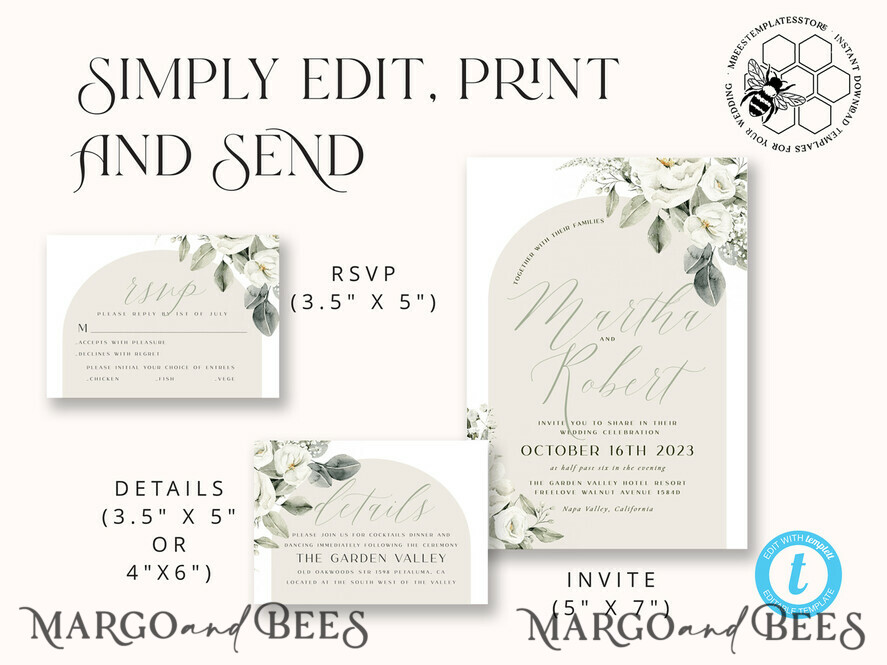 TEMPLETT wedding invitation download Boho Sage Green wedding Invitations Set Template, Instant Download Printable Invites Home Printing, Simple  Wedding Invitation Card, WBoho14