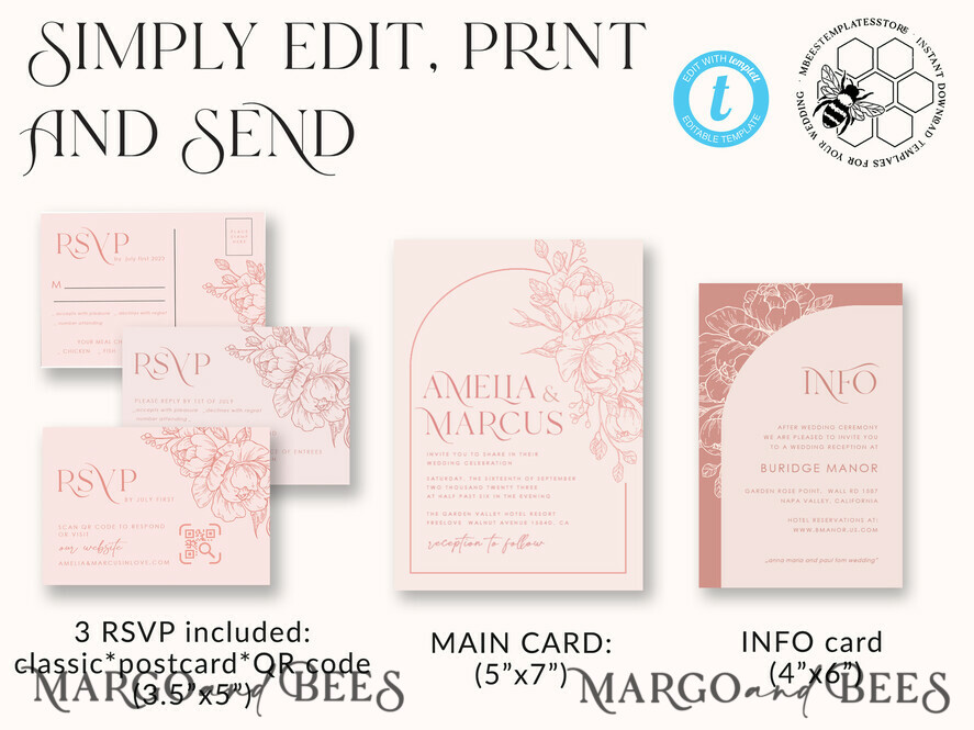TEMPLETT  
 Hochzeits Einladung Download Boho Blush Pink Hochzeits-Einladungen Set Vorlage, Sofortiger Download Druckbare Einladungen für den Heimdruck, Bogenblumen Hochzeits Einladungskarte