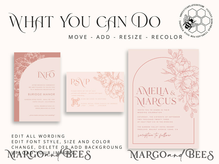 TEMPLETT  
 Hochzeits Einladung Download Boho Blush Pink Hochzeits-Einladungen Set Vorlage, Sofortiger Download Druckbare Einladungen für den Heimdruck, Bogenblumen Hochzeits Einladungskarte