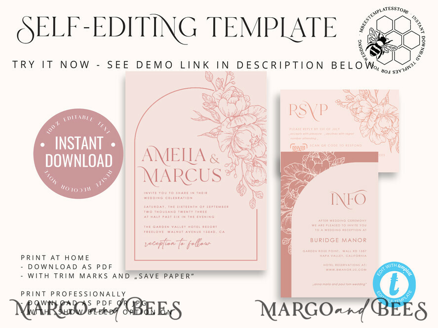 TEMPLETT  
 Hochzeits Einladung Download Boho Blush Pink Hochzeits-Einladungen Set Vorlage, Sofortiger Download Druckbare Einladungen für den Heimdruck, Bogenblumen Hochzeits Einladungskarte