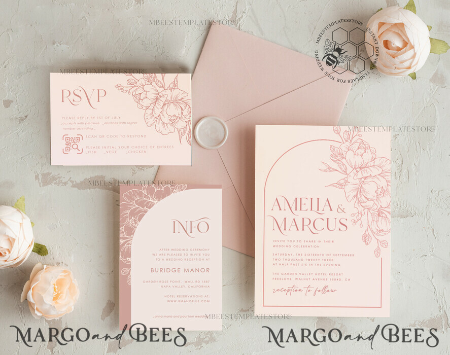 TEMPLETT  
 Hochzeits Einladung Download Boho Blush Pink Hochzeits-Einladungen Set Vorlage, Sofortiger Download Druckbare Einladungen für den Heimdruck, Bogenblumen Hochzeits Einladungskarte