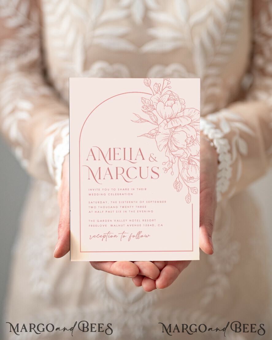 TEMPLETT  
 Hochzeits Einladung Download Boho Blush Pink Hochzeits-Einladungen Set Vorlage, Sofortiger Download Druckbare Einladungen für den Heimdruck, Bogenblumen Hochzeits Einladungskarte