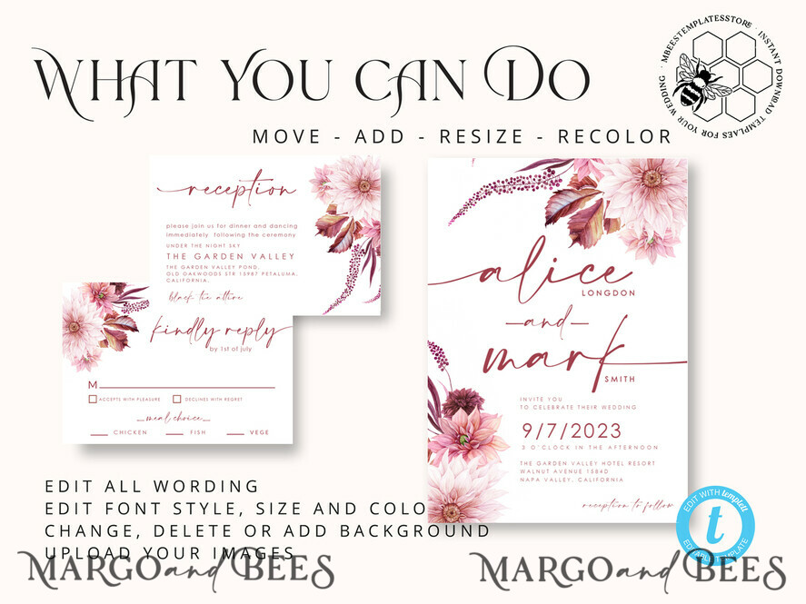 TEMPLETT wedding invitation download Boho fall wedding Invitations Set Template, Instant Download Printable Invites Home Printing, Mauve Blush Pink Autumn Fine Art Invitation Card Set