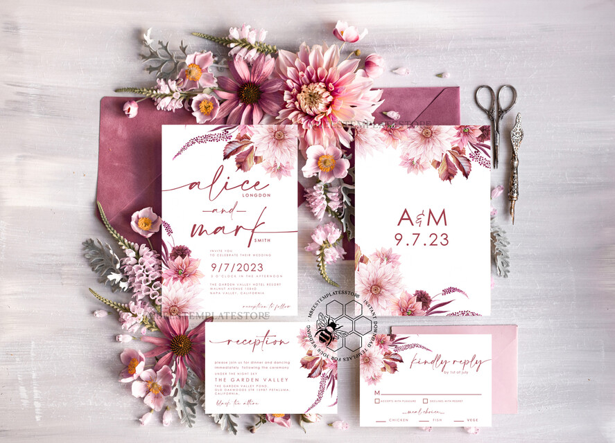 TEMPLETT wedding invitation download Boho fall wedding Invitations Set Template, Instant Download Printable Invites Home Printing, Mauve Blush Pink Autumn Fine Art Invitation Card Set