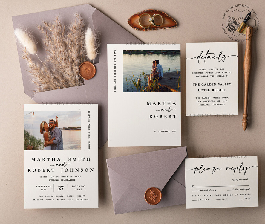 TEMPLETT  
 Hochzeits Einladung Download Minimalistische Hochzeitskarten-Vorlage mit Foto, Sofort-Download Einladung, Druckbare Einladungen für den Heimdruck, Beigefarbene Hochzeitskarten
