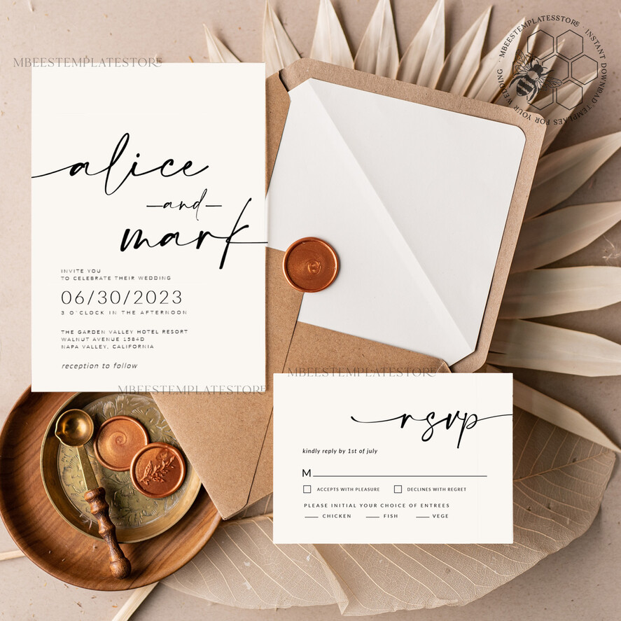 TEMPLETT  
 Hochzeits Einladung Download Moderne Hochzeitskarten-Vorlage, Sofortiger Download Boho Hochzeitskarten, Einfache druckbare Hochzeitskarten-Vorlage Elegante Einladungen