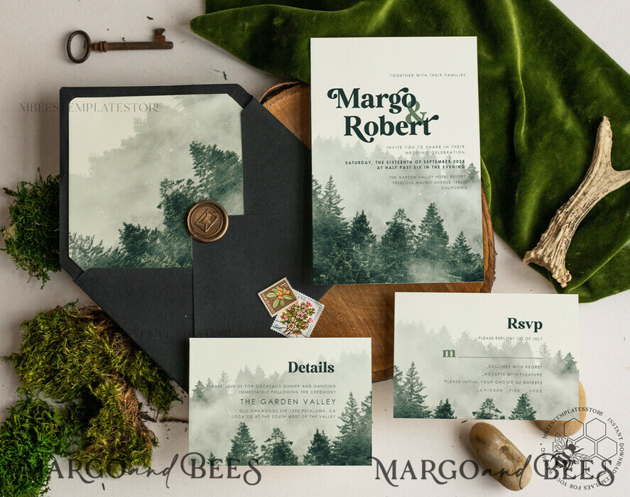 TEMPLETT wedding invitation download Forest Greenery Mountain wedding invitation template, Instant download Simple Wedding Invites, Greenery Wedding Invitation Printable Template, Forest invites