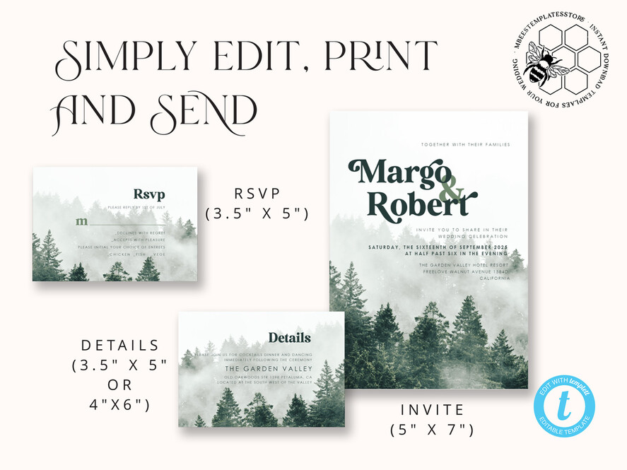 TEMPLETT wedding invitation download Forest Greenery Mountain wedding invitation template, Instant download Simple Wedding Invites, Greenery Wedding Invitation Printable Template, Forest invites