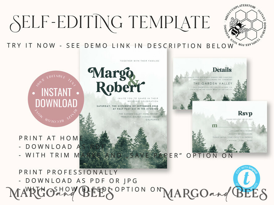 TEMPLETT wedding invitation download Forest Greenery Mountain wedding invitation template, Instant download Simple Wedding Invites, Greenery Wedding Invitation Printable Template, Forest invites