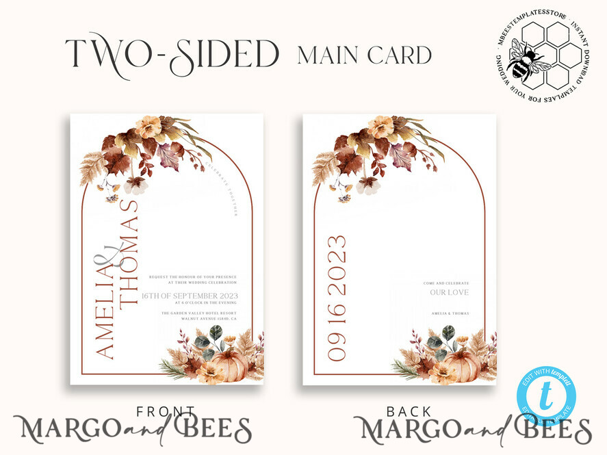 TEMPLETT wedding invitation download Rustic Ivory wedding Invitations Set and Electronic Wedding Invitation Template, Fall Instant Download Printable Invites Home Printing, Autumn Simple Boho Wedding Invitation Card Set
