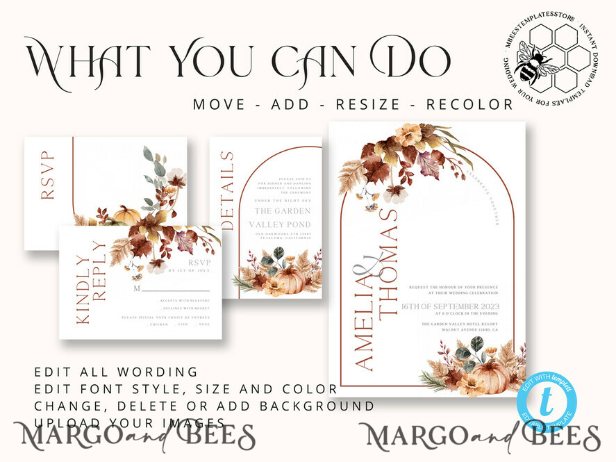 TEMPLETT wedding invitation download Rustic Ivory wedding Invitations Set and Electronic Wedding Invitation Template, Fall Instant Download Printable Invites Home Printing, Autumn Simple Boho Wedding Invitation Card Set