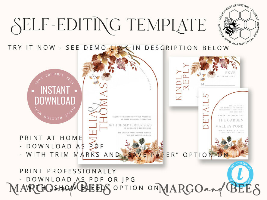 TEMPLETT wedding invitation download Rustic Ivory wedding Invitations Set and Electronic Wedding Invitation Template, Fall Instant Download Printable Invites Home Printing, Autumn Simple Boho Wedding Invitation Card Set