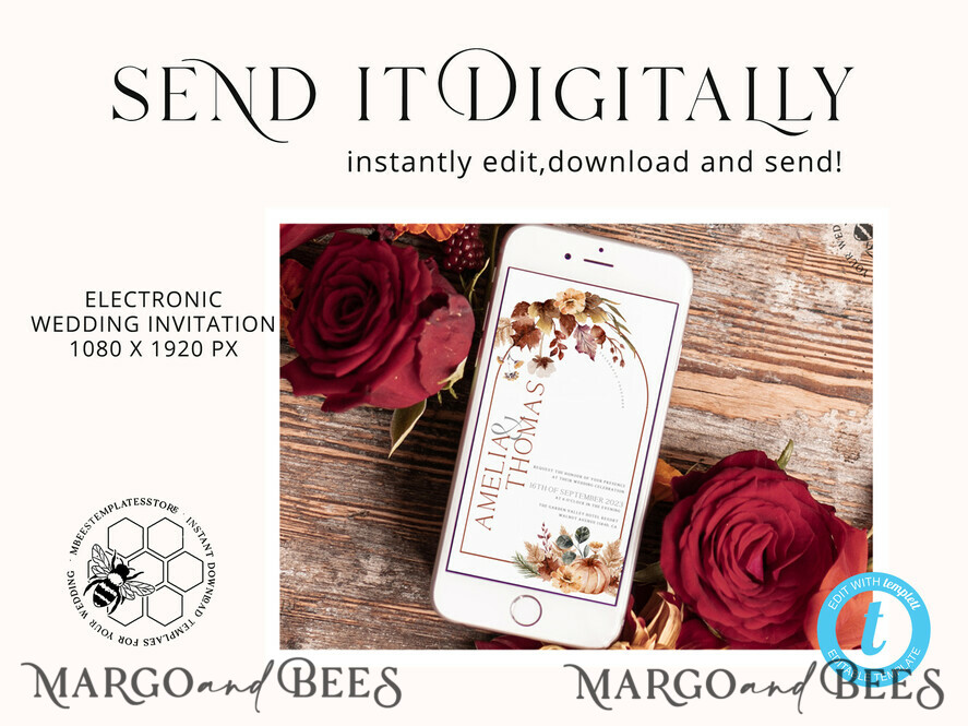 TEMPLETT wedding invitation download Rustic Ivory wedding Invitations Set and Electronic Wedding Invitation Template, Fall Instant Download Printable Invites Home Printing, Autumn Simple Boho Wedding Invitation Card Set