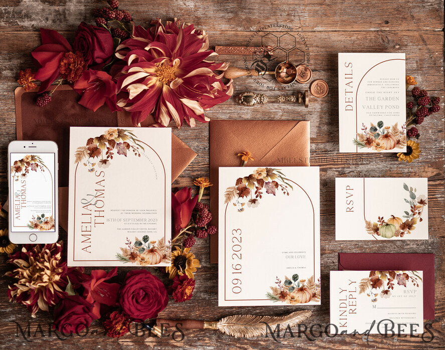 TEMPLETT wedding invitation download Rustic Ivory wedding Invitations Set and Electronic Wedding Invitation Template, Fall Instant Download Printable Invites Home Printing, Autumn Simple Boho Wedding Invitation Card Set