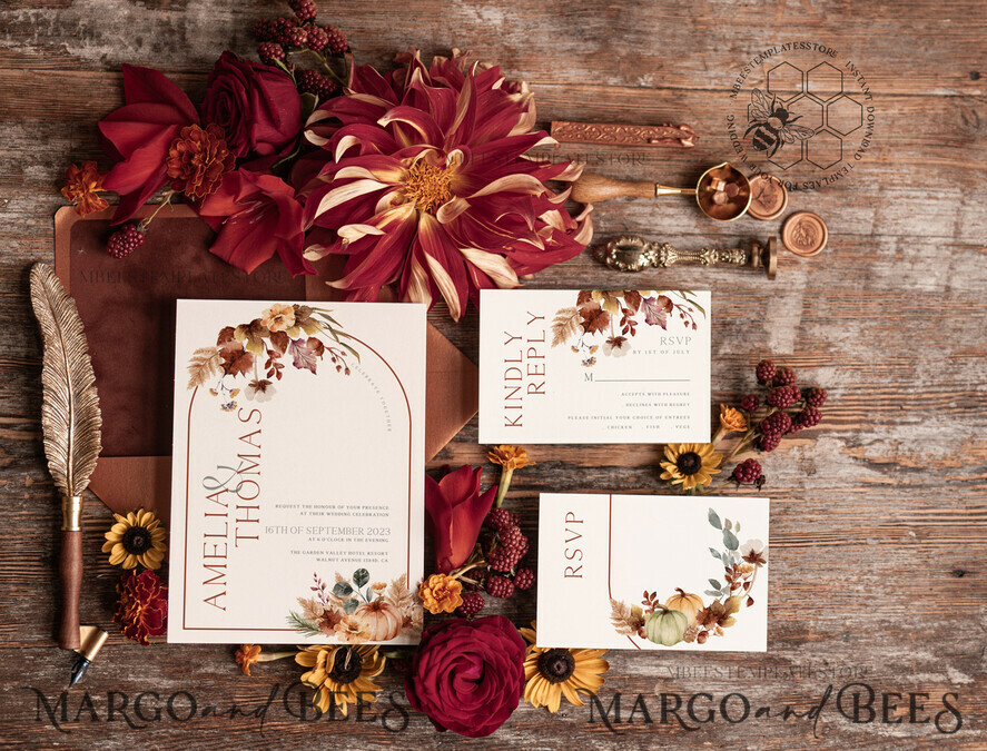 TEMPLETT wedding invitation download Rustic Ivory wedding Invitations Set and Electronic Wedding Invitation Template, Fall Instant Download Printable Invites Home Printing, Autumn Simple Boho Wedding Invitation Card Set
