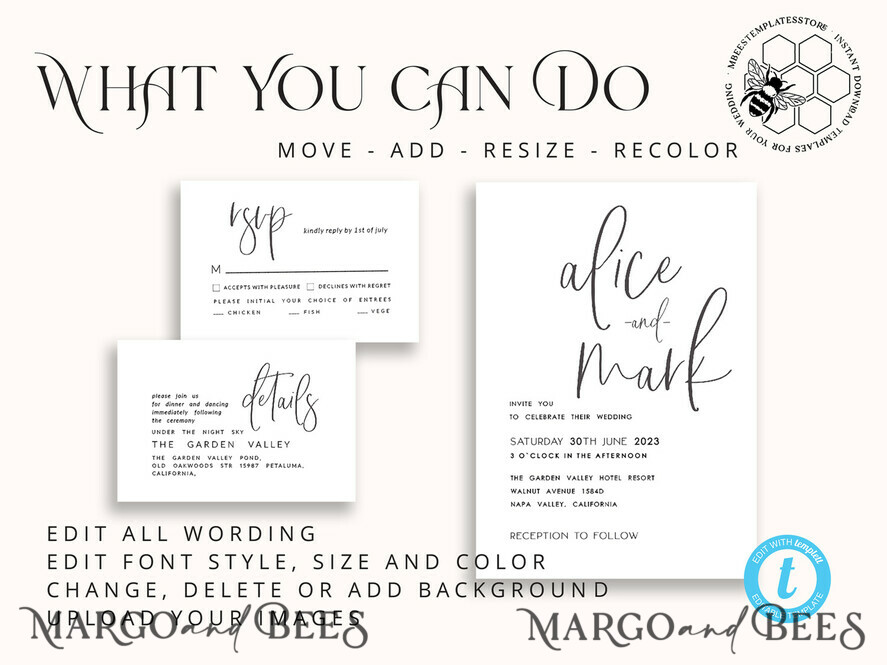 TEMPLETT  
 Hochzeits Einladung Download Moderne Hochzeitskartenvorlage, Sofort-Download Boho Hochzeitskarten, Einfache Hochzeitskarten druckbare Vorlage Rustikale Einladungen