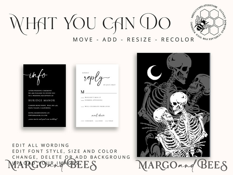 TEMPLETT  
 Hochzeits Einladung Download Schwarzes Hochzeits-Einladungsvorlage, Sofortiger Download Tarot Hochzeitskarten, Gothic Hochzeits Einladung druckbare Vorlage, Skelett Einladungen