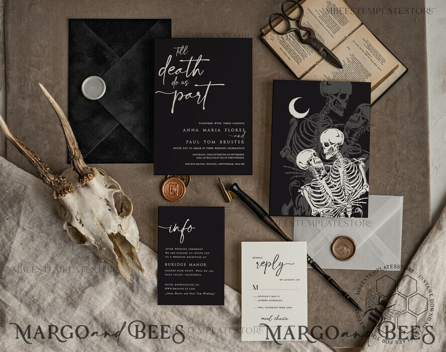 TEMPLETT  
 Hochzeits Einladung Download Schwarzes Hochzeits-Einladungsvorlage, Sofortiger Download Tarot Hochzeitskarten, Gothic Hochzeits Einladung druckbare Vorlage, Skelett Einladungen