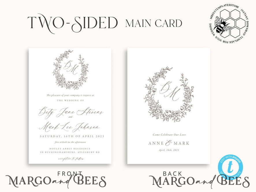 TEMPLETT wedding invitation download Fine Art Boho wedding Invitations Set Template, Instant Download Printable Invites Home Printing, Simple Minimalistic Invitation Card Set