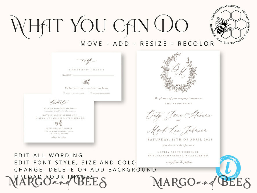 TEMPLETT wedding invitation download Fine Art Boho wedding Invitations Set Template, Instant Download Printable Invites Home Printing, Simple Minimalistic Invitation Card Set