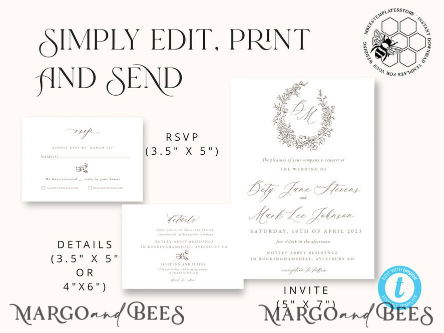 TEMPLETT wedding invitation download Fine Art Boho wedding Invitations Set Template, Instant Download Printable Invites Home Printing, Simple Minimalistic Invitation Card Set