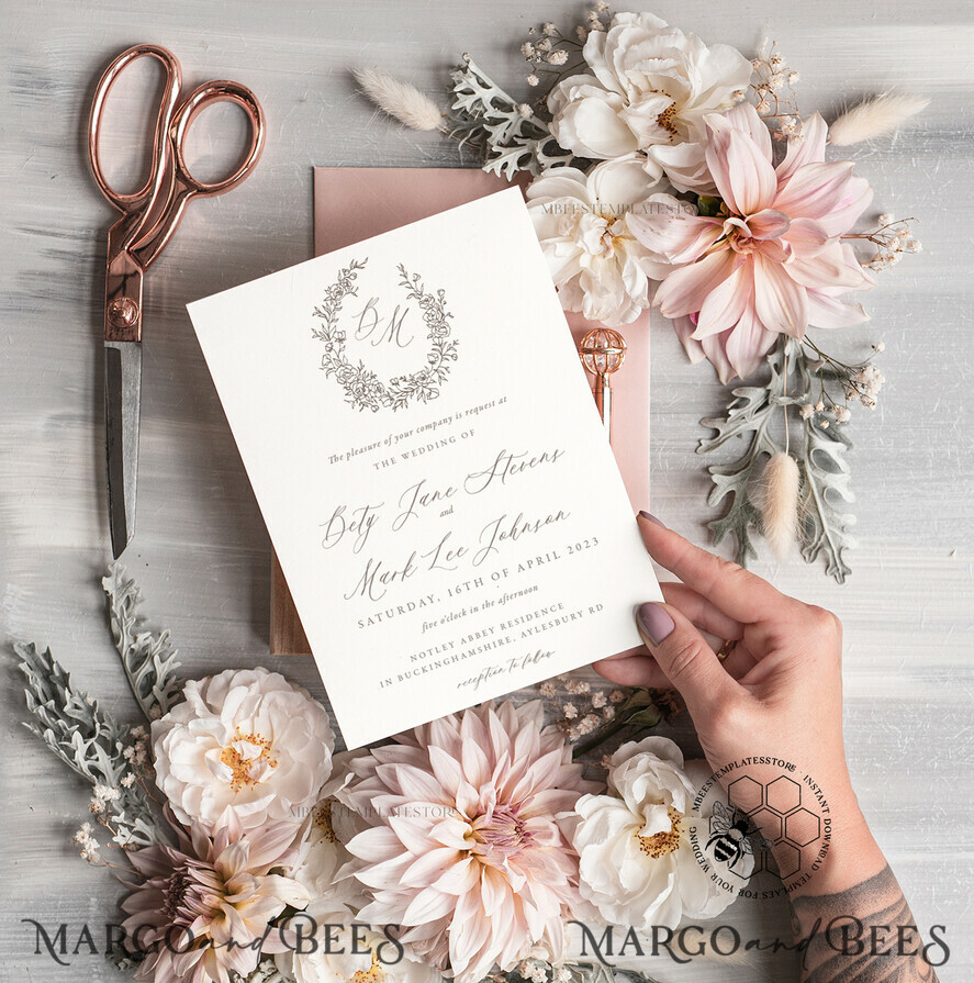 TEMPLETT wedding invitation download Fine Art Boho wedding Invitations Set Template, Instant Download Printable Invites Home Printing, Simple Minimalistic Invitation Card Set
